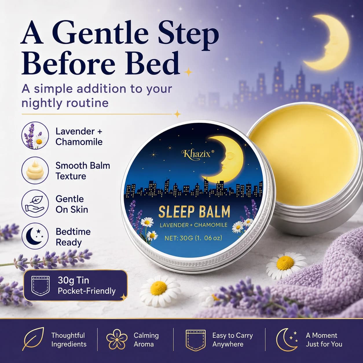 Baume de Nuit Apaisant 30g à la Lavande et à la Camomille – Arôme Relaxant, Doux pour la Peau, Format Voyage pour la Routine du Coucher