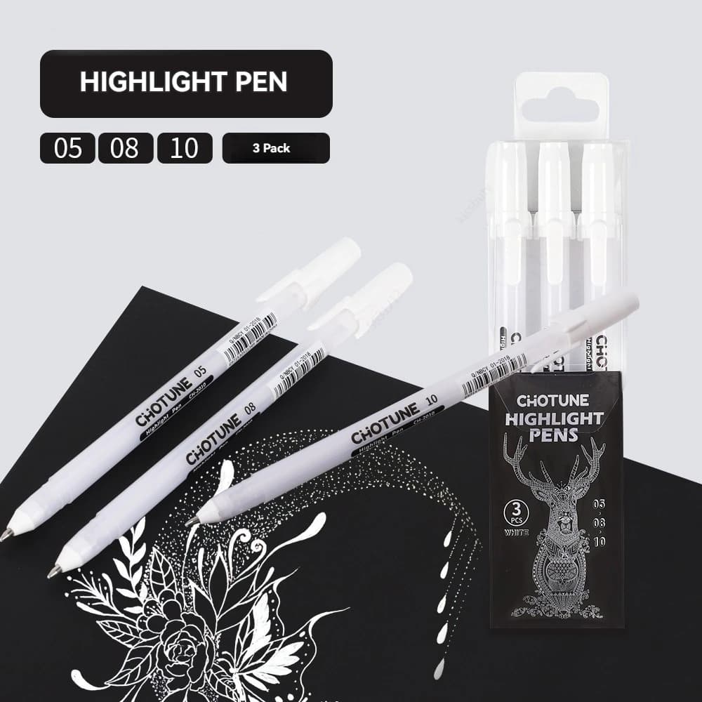 Stylos gel en rouleau Gelly, marqueur à surbrillance blanche pour la journalisation, le dessin d'art, l'encre blanche classique, la pointe assortie, le gras fin et moyen, 3 pièces