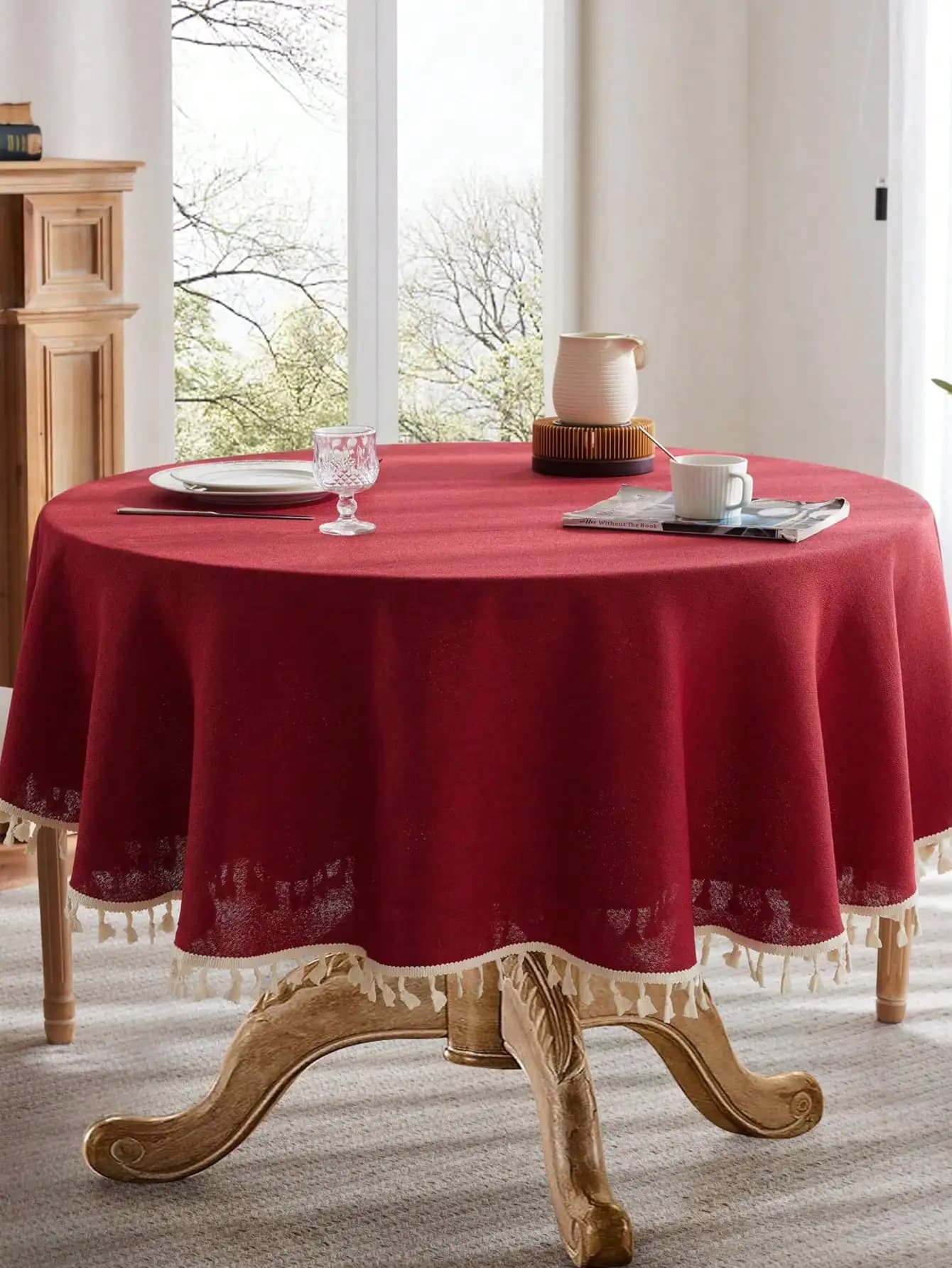 Nappe ronde en lin avec dentelle à pompons, imperméable, résistante à l'huile et aux taches, idéale pour restaurant, table de cuisine, maison, café