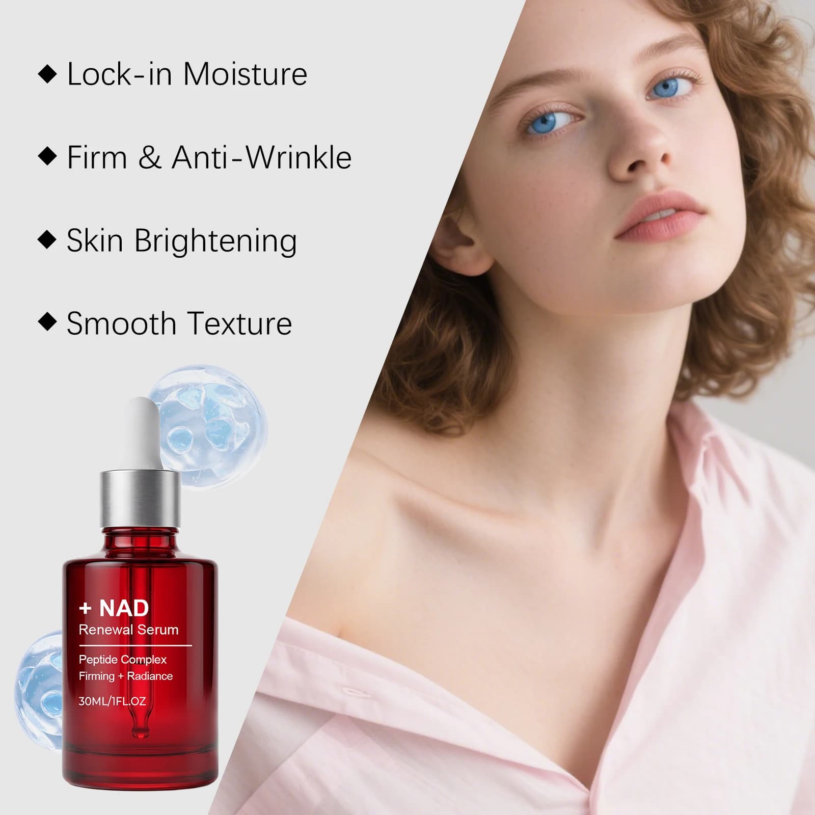 Sérum liftant au peptide NAD+ anti-âge, réduit les ridules, améliore l'élasticité de la peau, resserre les pores, éclaircit et illumine le visage.