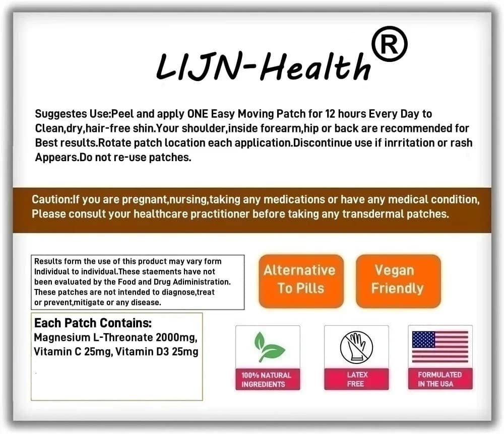 30 Patchs Transdermiques de L-Thréonate de Magnésium avec Vitamine C