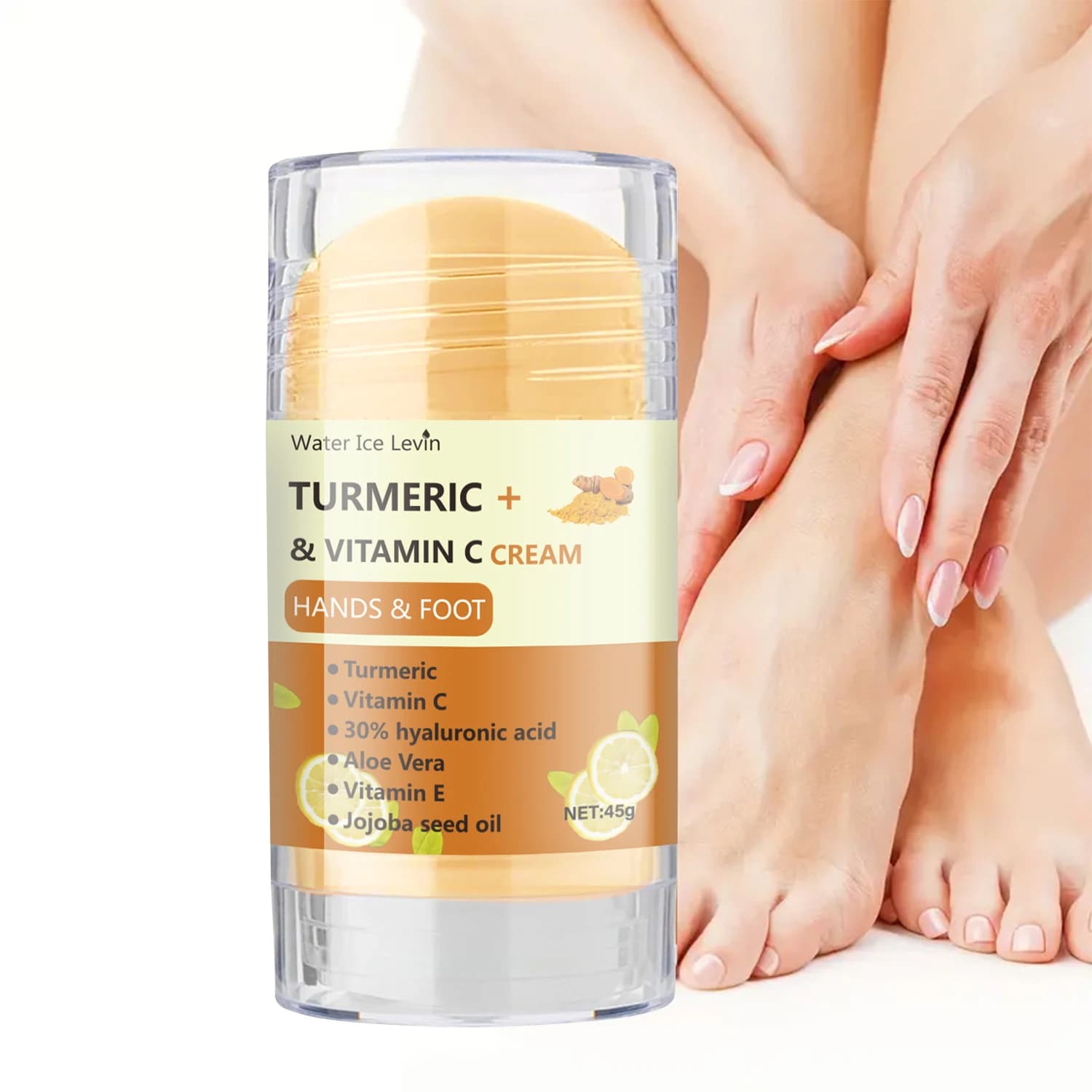 Crème Mains et Pieds au Curcuma et Vitamine C 45g avec Acide Hyaluronique, Aloe Vera et Huile de Jojoba - Hydratante pour Peaux Sèches