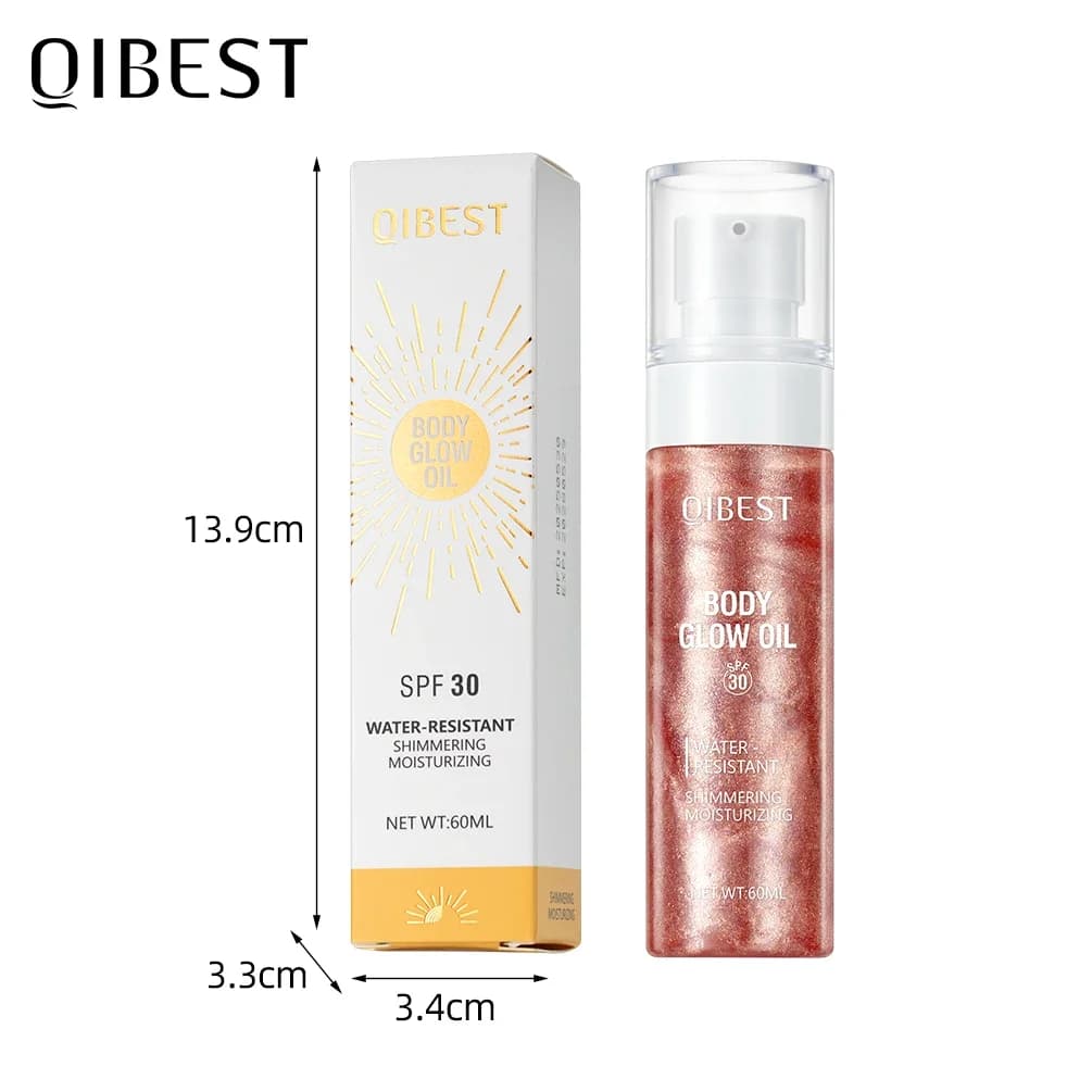 Huile Scintillante Corps QIBEST – Illuminateur Liquide Longue Durée Effet Pailleté Hydratant pour le Visage et le Corps – Maquillage Éclaircissant et Contouring