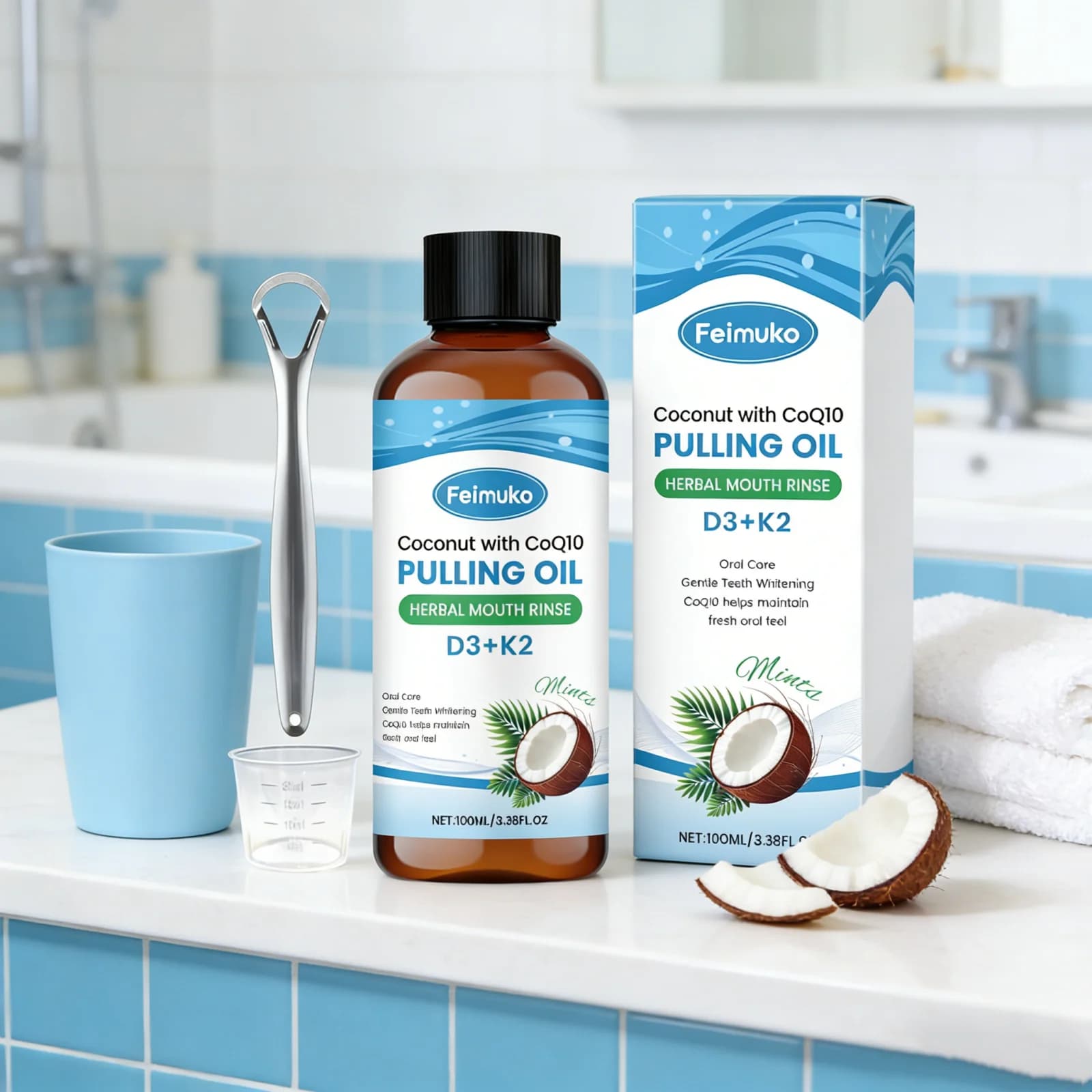Kit de Bain de Bouche à l'Huile de Coco avec Grattoir à Langue