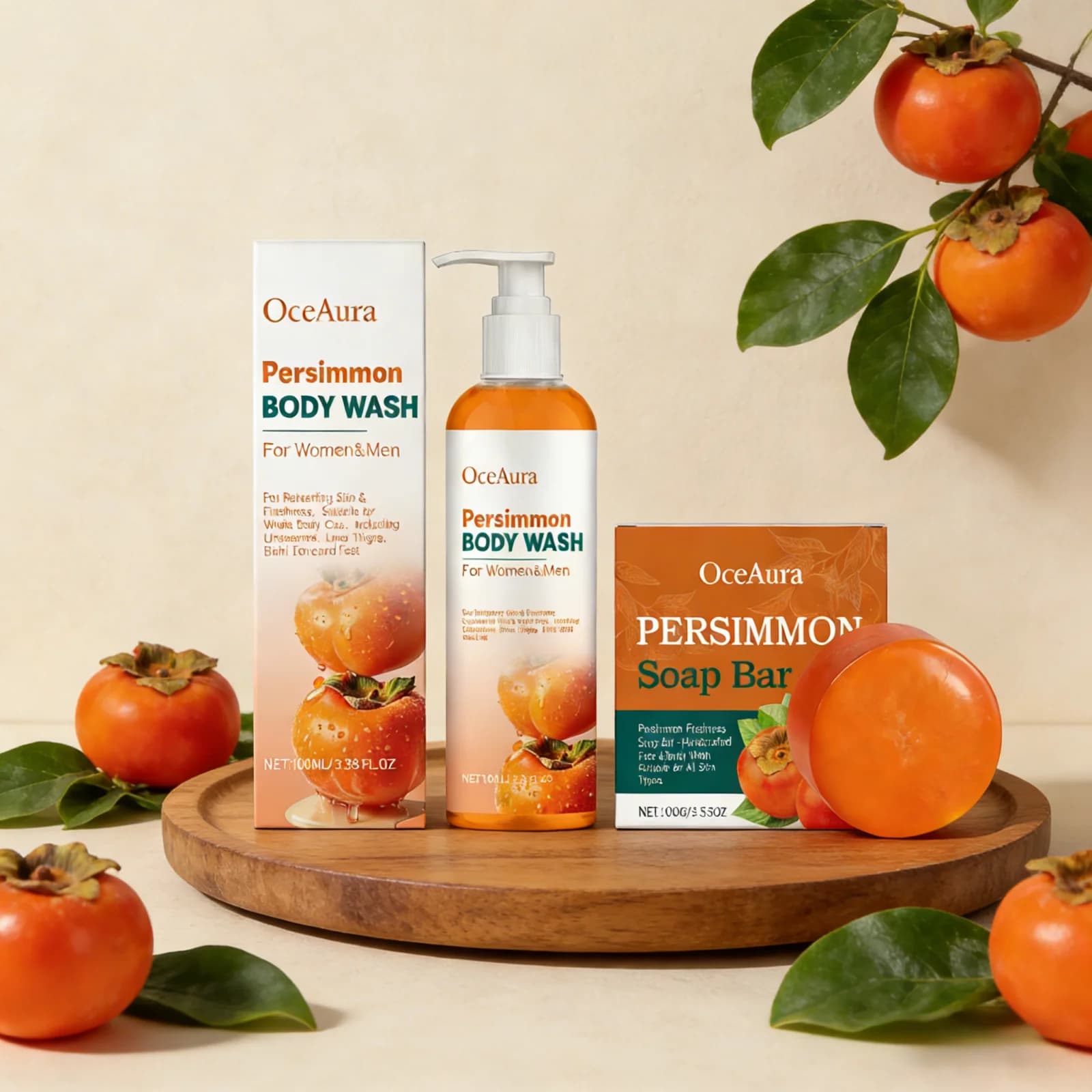 Ensemble de gel douche OceAura Persimmon, mousse riche, adoucit la peau, nettoyage en profondeur, parfum longue durée, extraits de fruits naturels, savon en barre