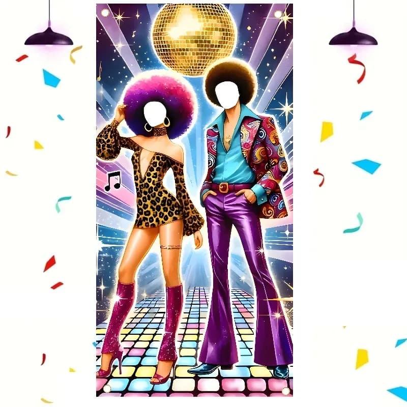 Toile de fond pour stand photo de fête de danse disco des années 70 – Bannière creuse sur le thème rétro avec néons