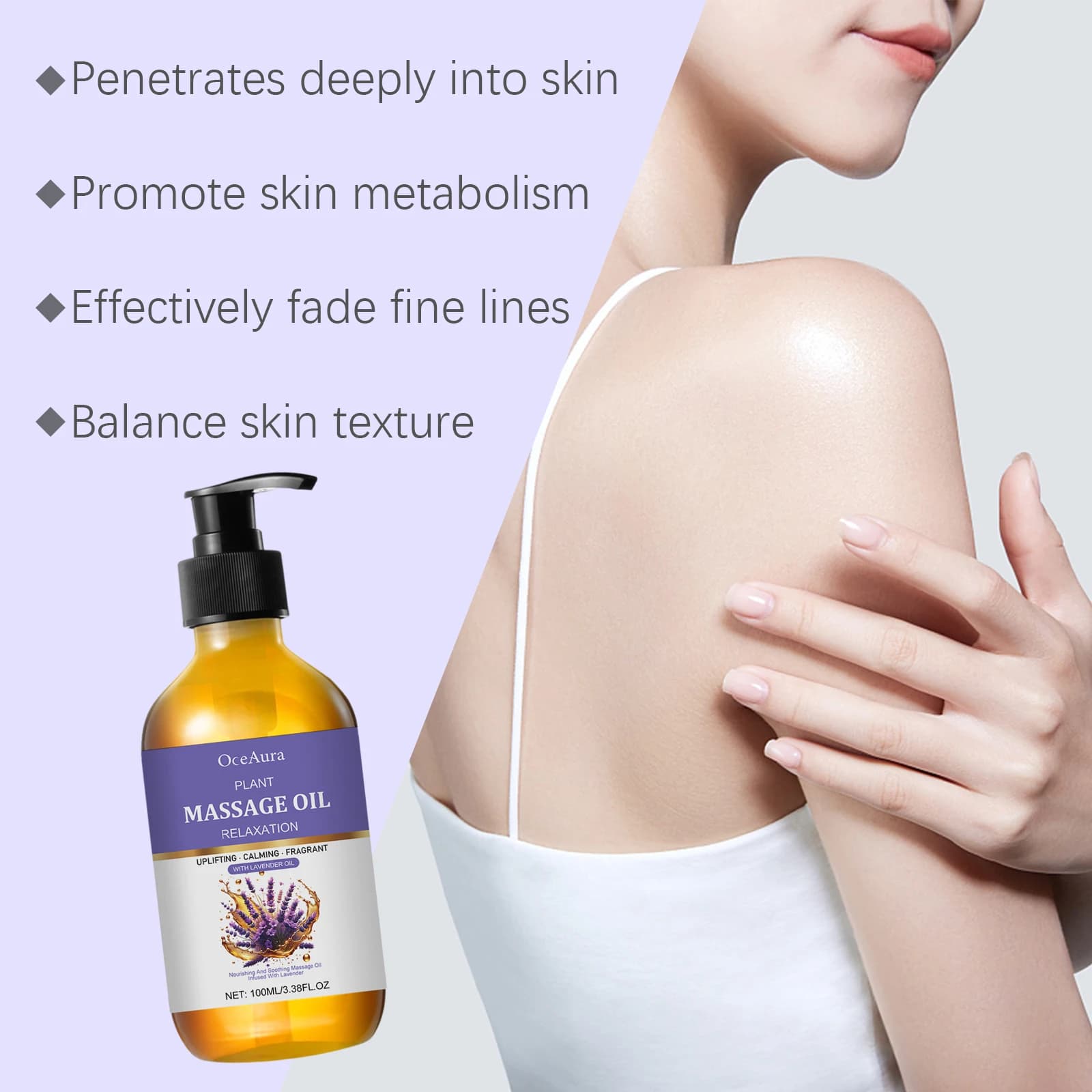 Huile essentielle de lavande, douce et apaisante, hydrate la peau, a un parfum agréable, s'absorbe facilement, huile de massage corporel