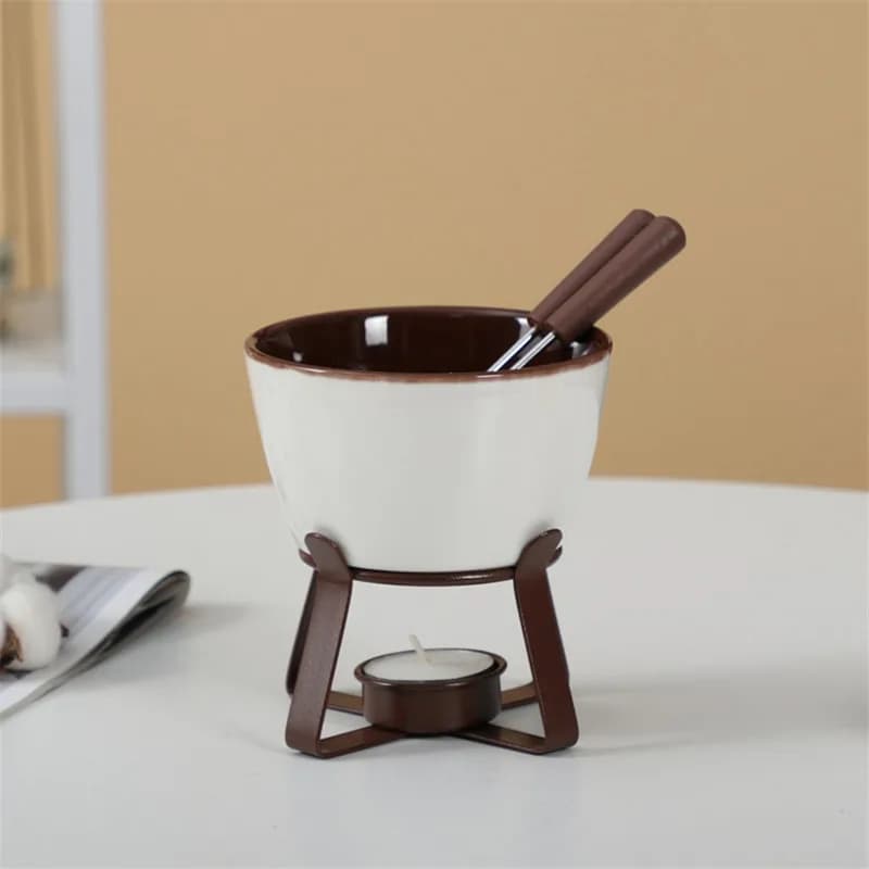 Ensemble de fondue au chocolat avec fourchettes - Pot à fondue en céramique pour chocolat, fromage, beurre, avec chauffe-plat pour fêtes et réunions