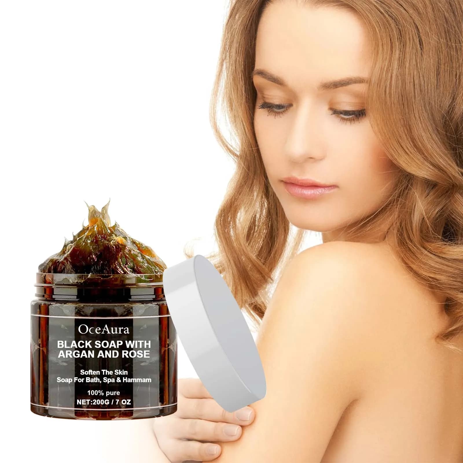 Savon noir OCEAURA à l'argan et à la rose, savon noir Beldi, idéal pour éliminer les peaux mortes, gommage corporel, purification, nettoyage en profondeur, 200g