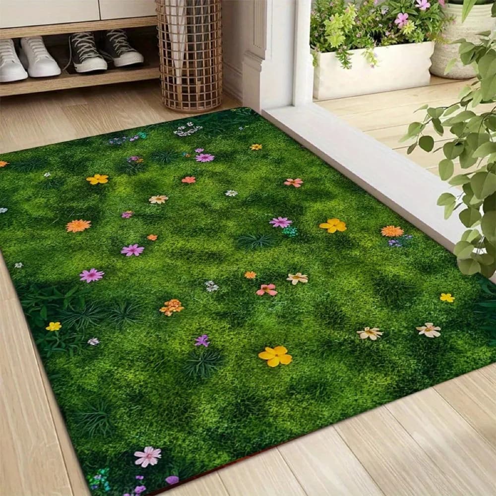 Tapis de printemps grand tapis de fond vert d'herbe fraîche, tapis imprimé de fleurs dispersées de petites fleurs, tapis de pièce facile à nettoyer, tapis de porte