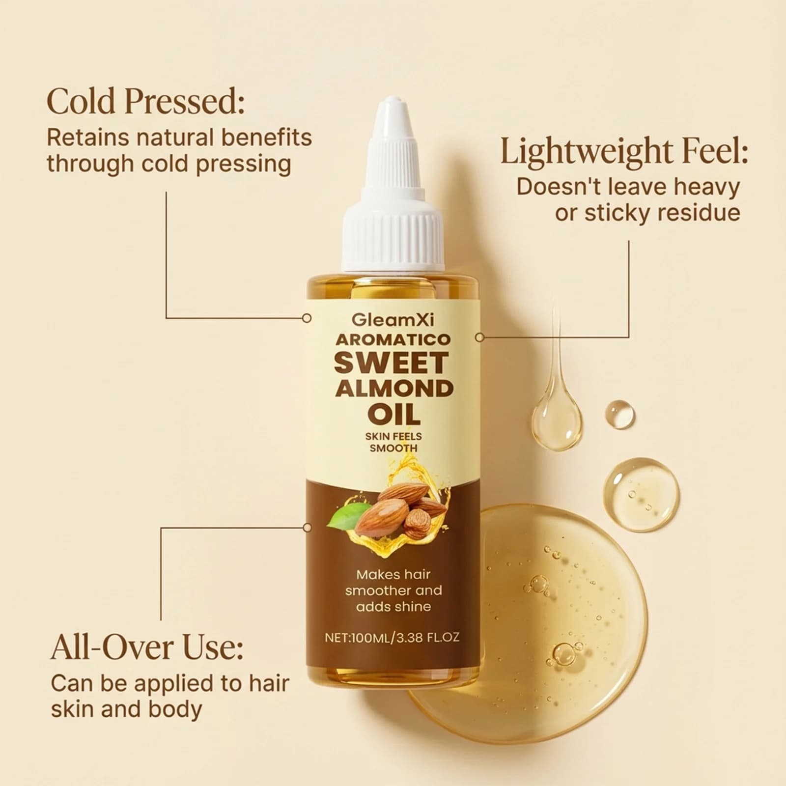 Huile Corporelle à l'Amande Réparatrice Anti-Dessèchement Anti-Peeling Raffermissante Éclaircissante Lissante Hydratante Longue Durée Parfumée Soin Cheveux et Corps