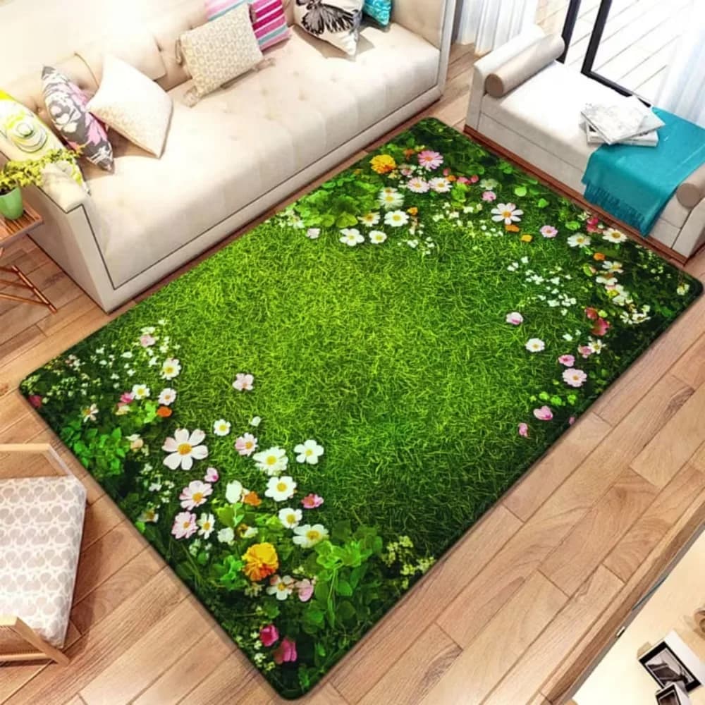 Tapis de printemps grand tapis de fond vert d'herbe fraîche, tapis imprimé de fleurs dispersées de petites fleurs, tapis de pièce facile à nettoyer, tapis de porte