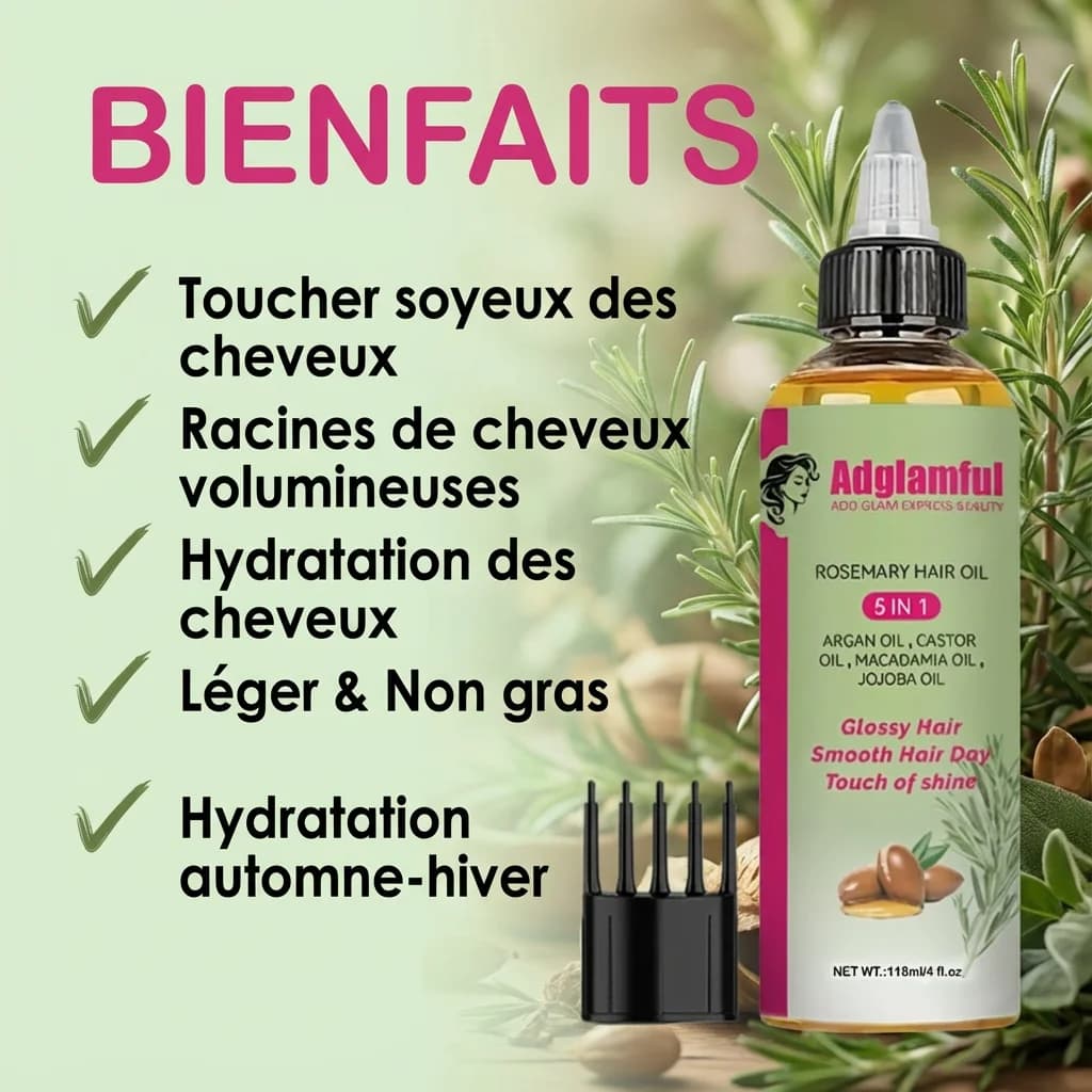 Huile capillaire au romarin 5 en 1 118 ml – Lisse les frisottis, augmente la brillance et l'hydratation, légère à absorption rapide