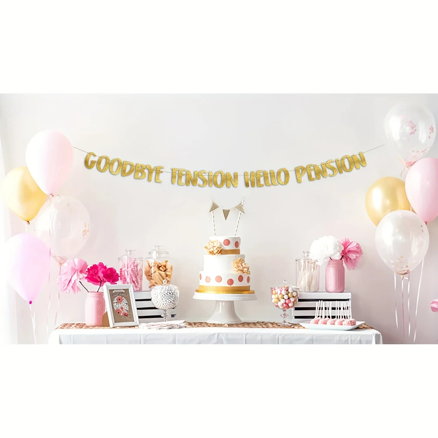 Au revoir Tension Hello Pension Gold Glitter Banner-Fournitures de fête de retraite, décorations de fête de retraite, cadeaux et décorations