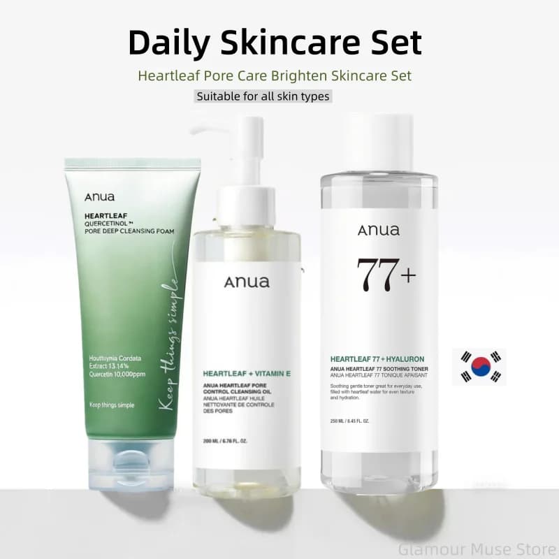 Ensemble de soins coréens ANUA Heartleaf 77 : Tonique apaisant pour l'acné, lotion quotidienne, mousse nettoyante en profondeur et huile nettoyante pour le visage