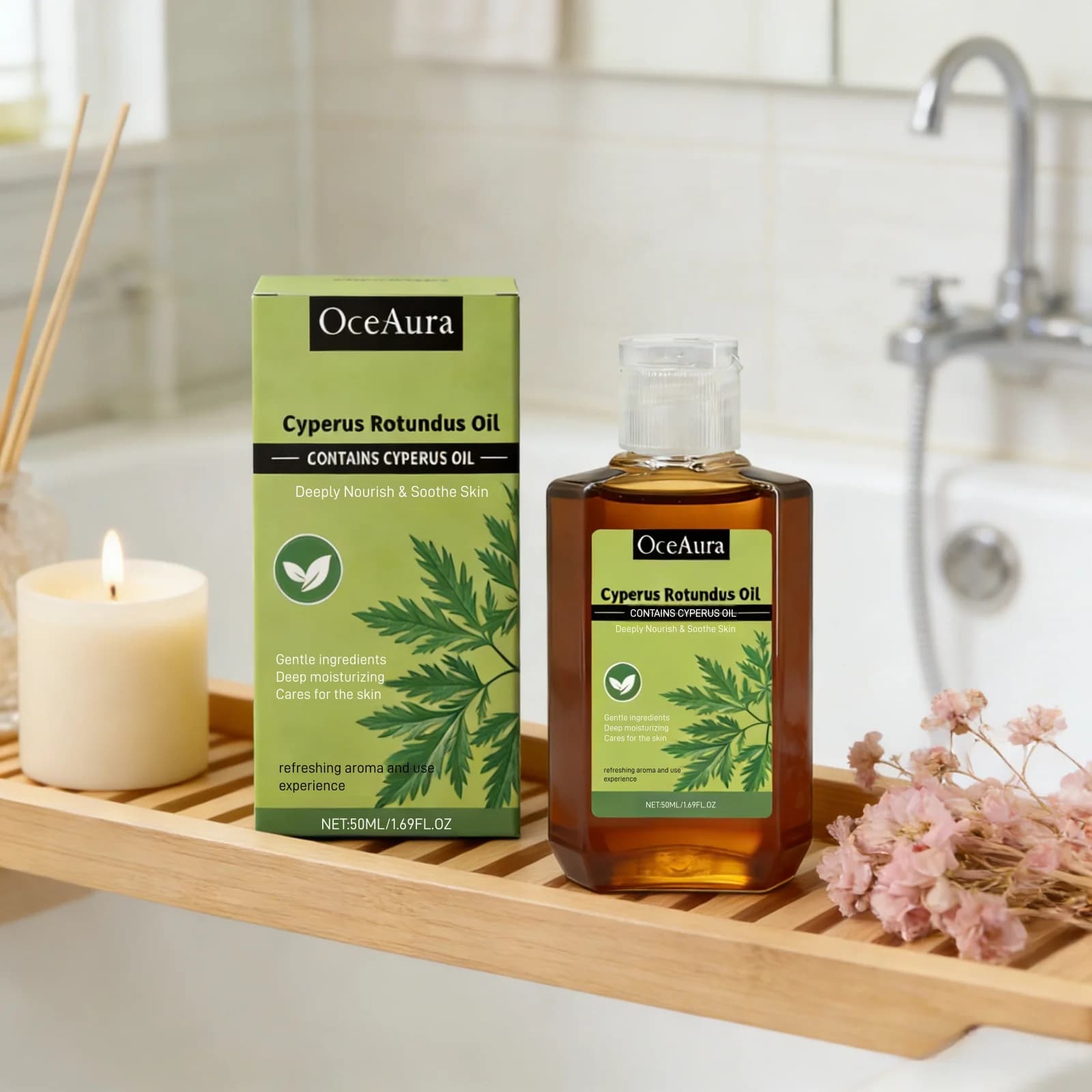 Huile de Cyperus Rotundus OceAura, hydratation intense, réparation de la peau, apaisement, amélioration des rougeurs, huile de massage non grasse pour le soin du corps, 50 ml