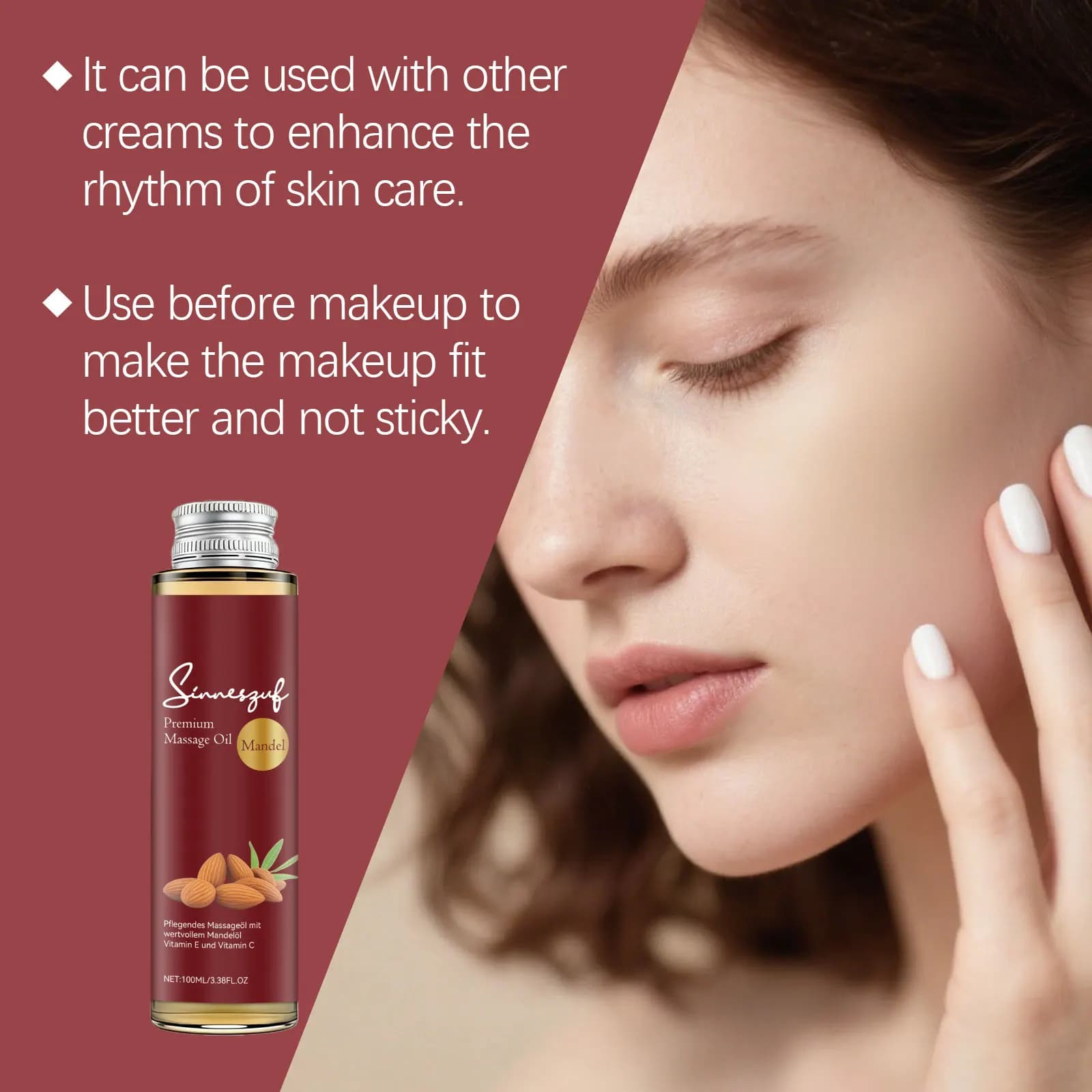 Huile de massage premium Sinmerguf à l'amande des montagnes, formule légère raffermissante et hydratante, nourrissante pour la peau, huile végétale naturelle et biologique