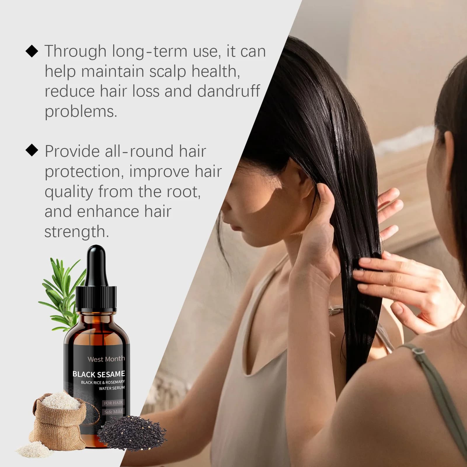 Sérum de soin au sésame noir pour cheveux gris, essence anti-cheveux blancs, améliore la couleur des cheveux, soin capillaire quotidien, 30ML