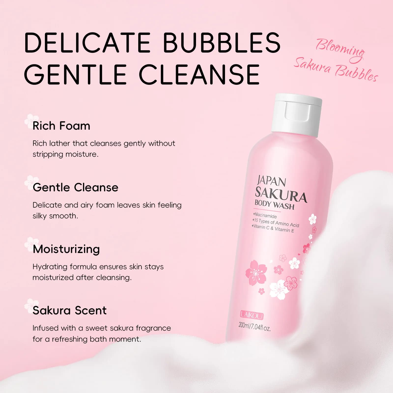 Gel douche LAIKOU Sakura, hydratation longue durée, parfum longue durée, mousse douce, produit de nettoyage corporel, bain, 100 ml