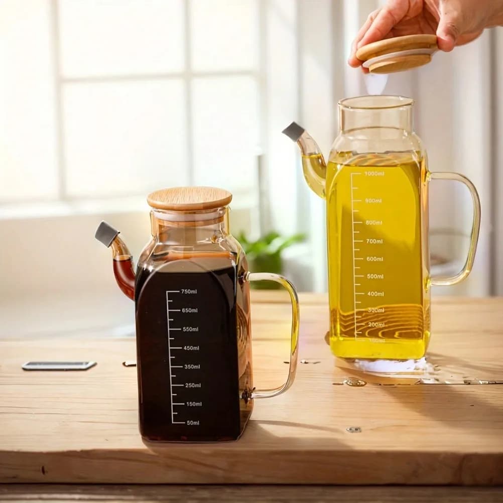 Pot à huile en verre de 1000ml, Pot à vinaigre de grande capacité avec couvercle avec marquages de mesure, lavage des mains uniquement, accessoires de cuisine à usage domestique
