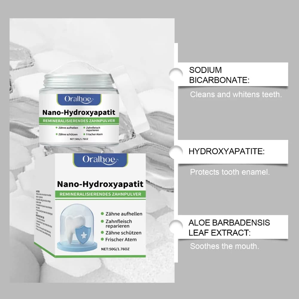 Poudre blanchissante reminéralisante à base de nano-hydroxyapatite, soin buccal doux, éclaircit les dents jaunes, élimine les taches, nourrit les gencives