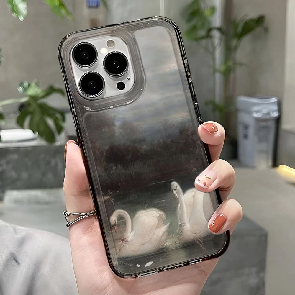 Coque souple en TPU flexible motif cygne peint à l'huile pour iPhone 12 15 11 13 17 Air 14 16 Pro Max Plus Air