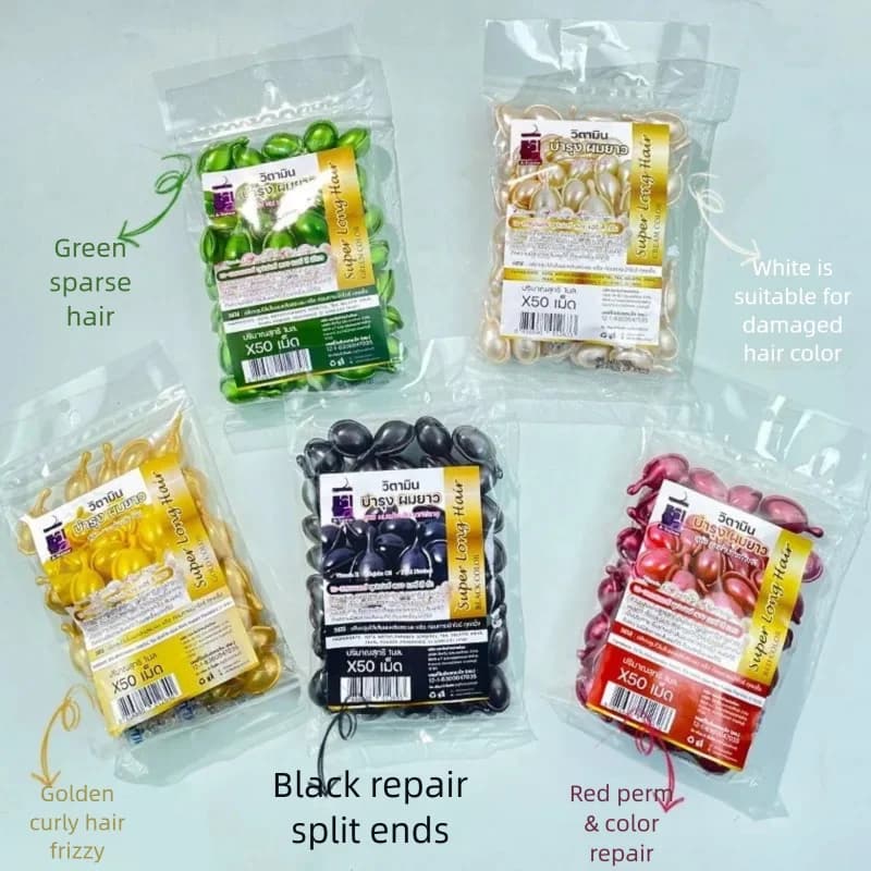 Capsules d'huile capillaire thaïlandaise super longue durée, traitement nourrissant sans rinçage pour des cheveux lisses, sans frisottis et sains