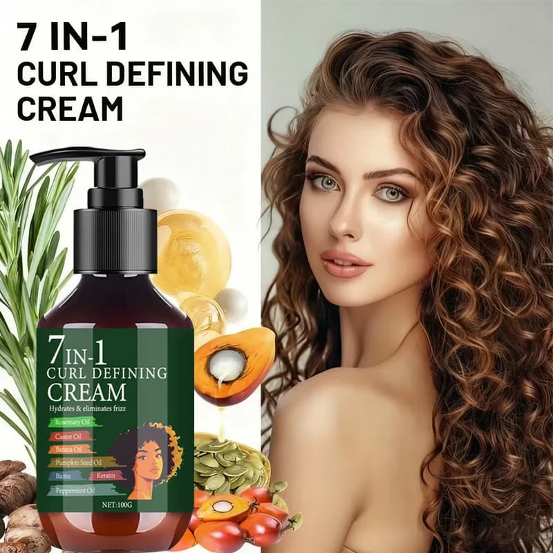 Crème définiuse de boucles 7 en 1 à l'huile de romarin et de ricin – Hydrate et élimine les frisottis pour des boucles définies et rebondissantes