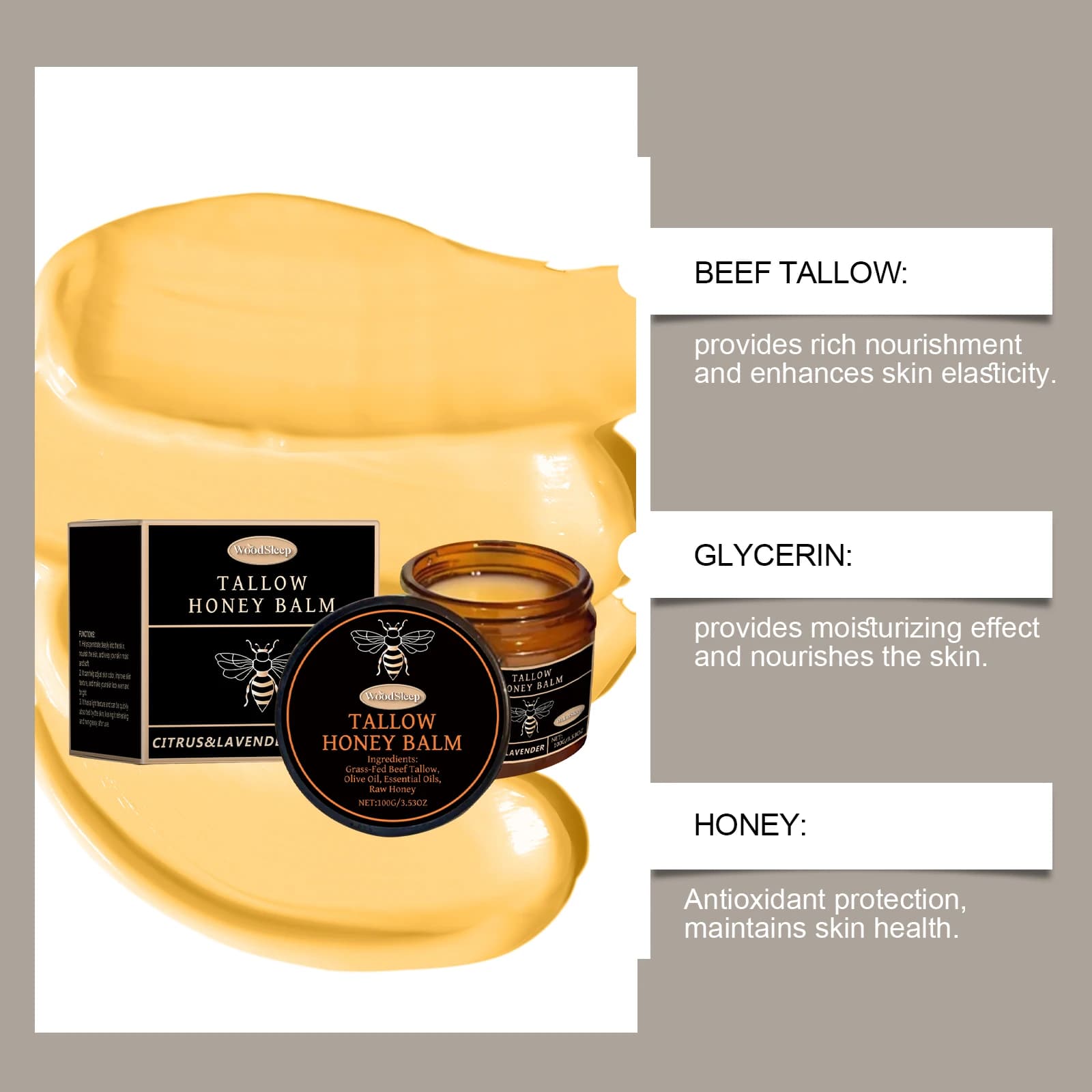 WoodSleep 100g Crème Hydratante au Suif et au Miel, Hydratation Douce, Hydratation pour Peaux Sèches, Crème Rafraîchissante pour la Peau