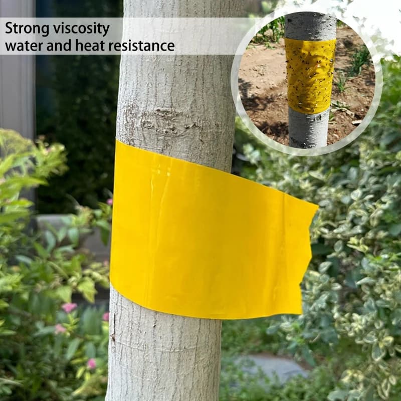 1 rouleau de ruban adhésif anti-insectes extérieur : rouleau collant double face jaune pour lutte antiparasitaire des arbres, pièges mouches blanches, fourmis, chenilles