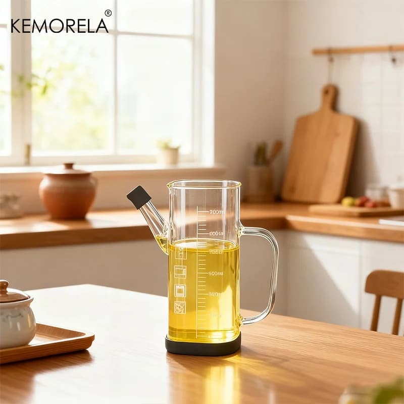 KEMORELA 1/2 pièces 700ml bouteille distributrice d'huile d'olive en verre avec marquages de mesure et verseur anti-goutte/fuite pour la cuisson des grillades