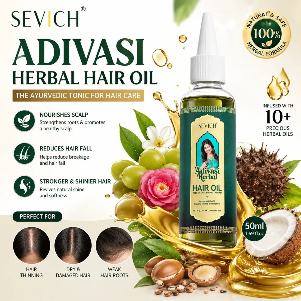 Huile de croissance capillaire ayurvédique d'Inde, sérum capillaire organique Adivasi, anti-chute de cheveux, repousse rapide, huiles épaississantes, produits de croissance capillaire