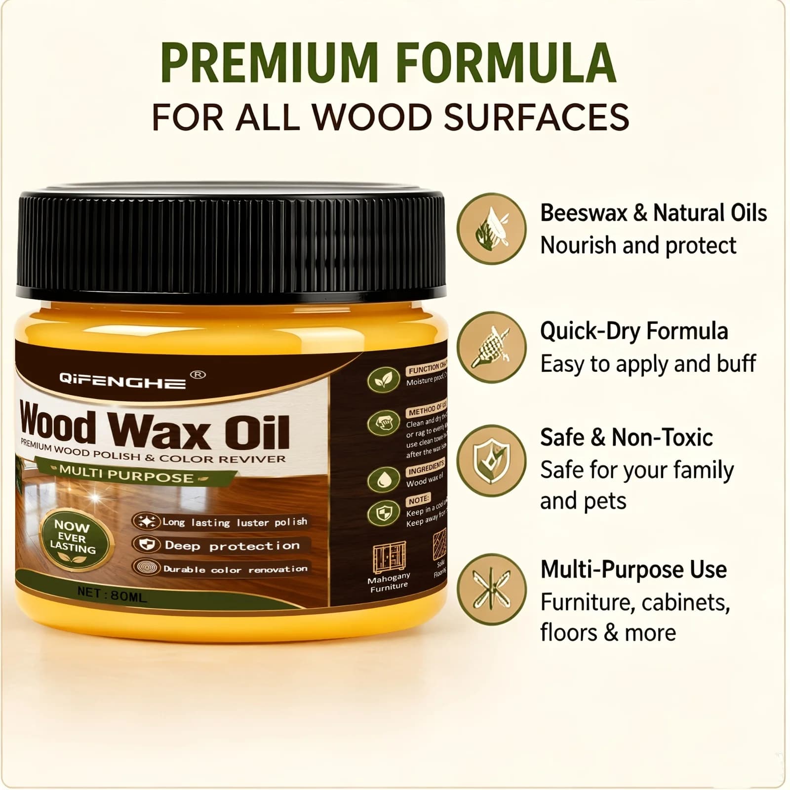 Huile de cire pour bois 2,71 oz, multi-usages, à base de cire d'abeille, pour lustrer et redonner de la couleur aux meubles, armoires et sols.