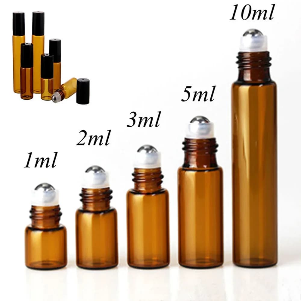 Bouteilles en verre à rouleau pour huiles essentielles, rouleau en verre rechargeable ambre, flacons d'huile métalliques, Mini bouteille, 5 à 50 pièces, 1ml, 2ml, 3ml, 5ml, 10ml
