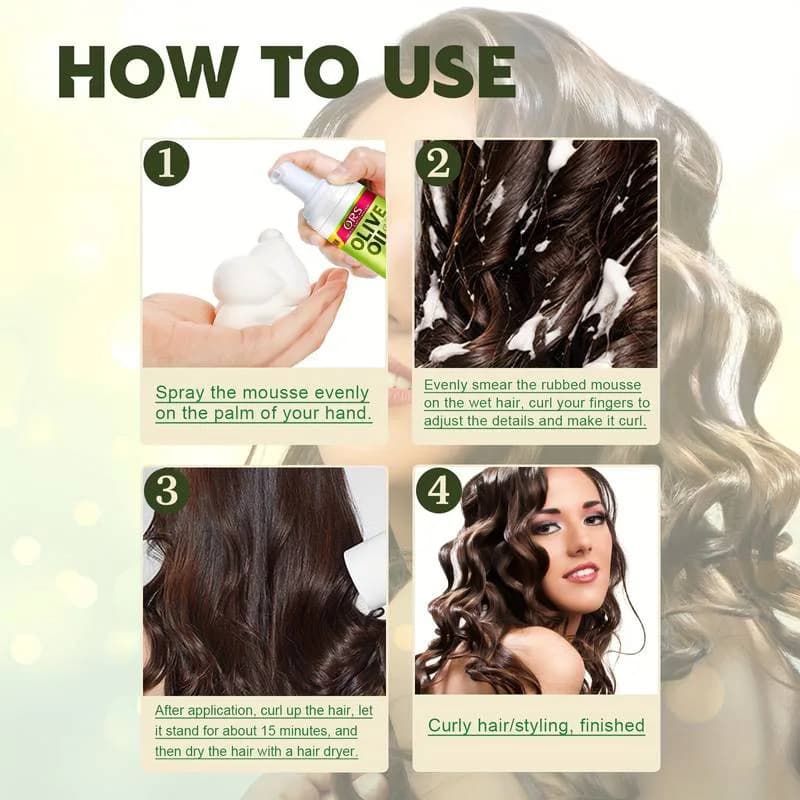 Mousse pour cheveux bouclés (207 ml) pour perruques, mousse coiffante à l'huile d'olive à tenue forte, mousse anti-frisottis pour coiffer les cheveux des femmes