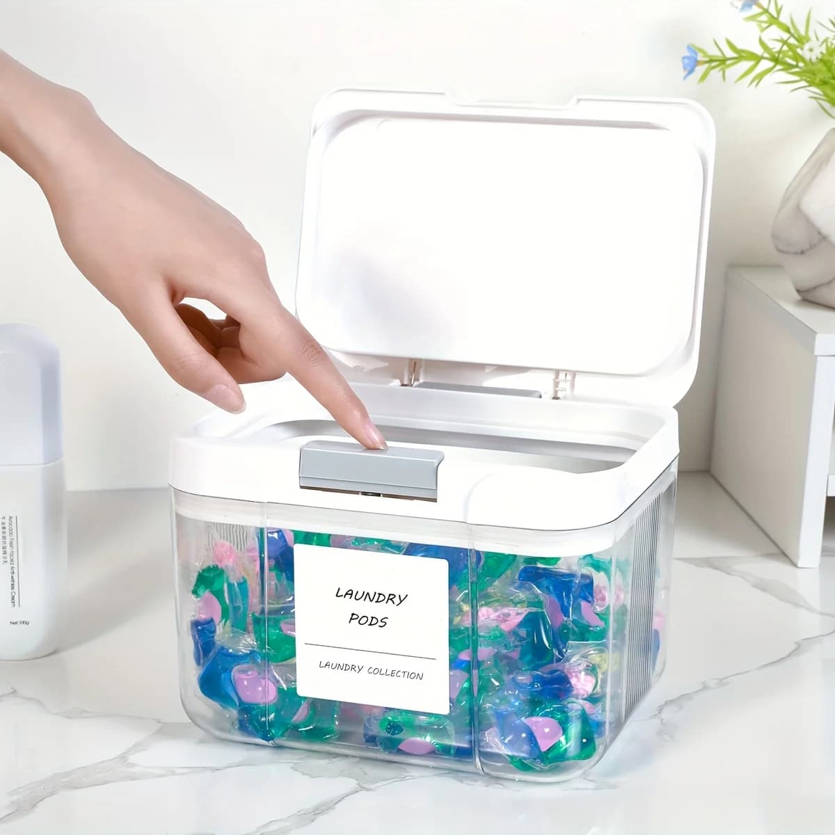 Porte-dosette à linge avec couvercle, conteneur de dosettes à linge, pop-up scellé et automatique, grande capacité, boîte de rangement pour dosettes de linge
