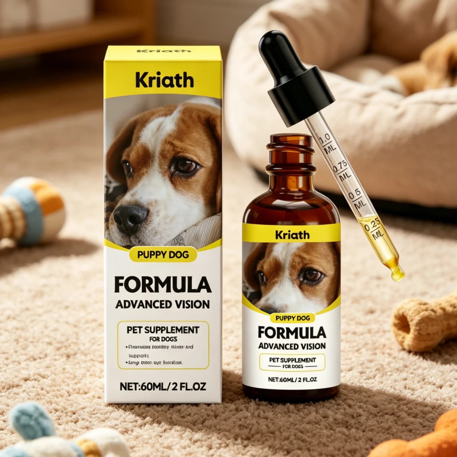Compléments pour les yeux des chiens Kriath, protection des yeux canins, maintien de la santé, amélioration de l'absorption des nutriments, soutien de la vision des chiens, gouttes 60 ml