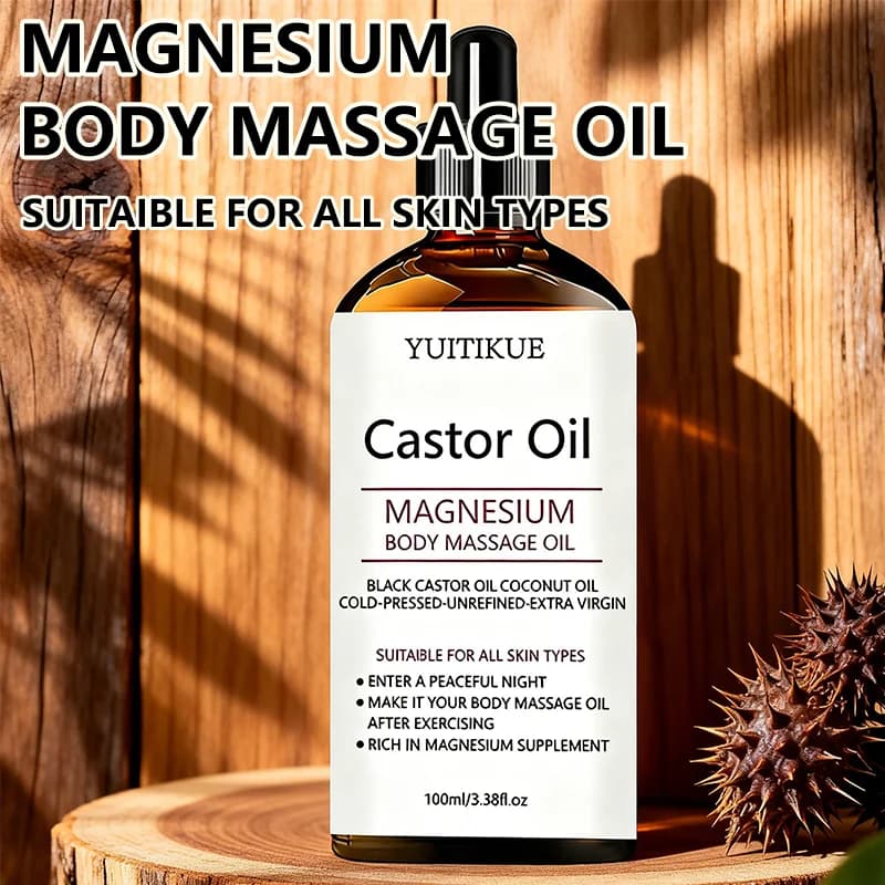 Huile de massage corporelle au magnésium et à l'huile de ricin YUITIKUE |   Huile de ricin noire et huile de noix de coco |   Soin relaxant pour la peau après l'exercice 100ml