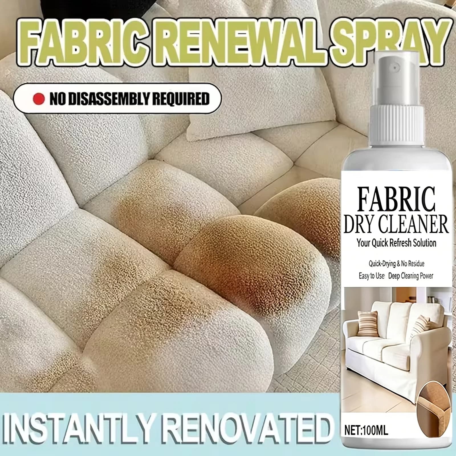Nettoyant textile en spray 100 ml, séchage rapide, détachant pour tissus d'ameublement, tapis, sièges de voiture et meubles, sans résidus, facile à utiliser