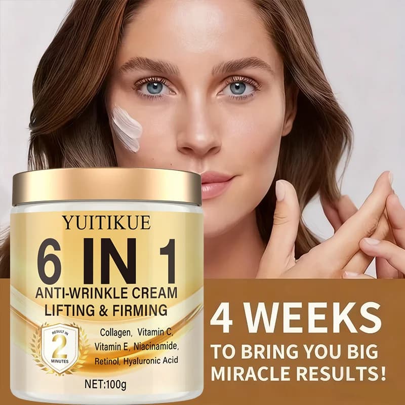 Crème Anti-Rides 6 en 1 : hydrate en profondeur, raffermit la peau, contient des vitamines C et E, au rétinol et à l'acide hyaluronique.