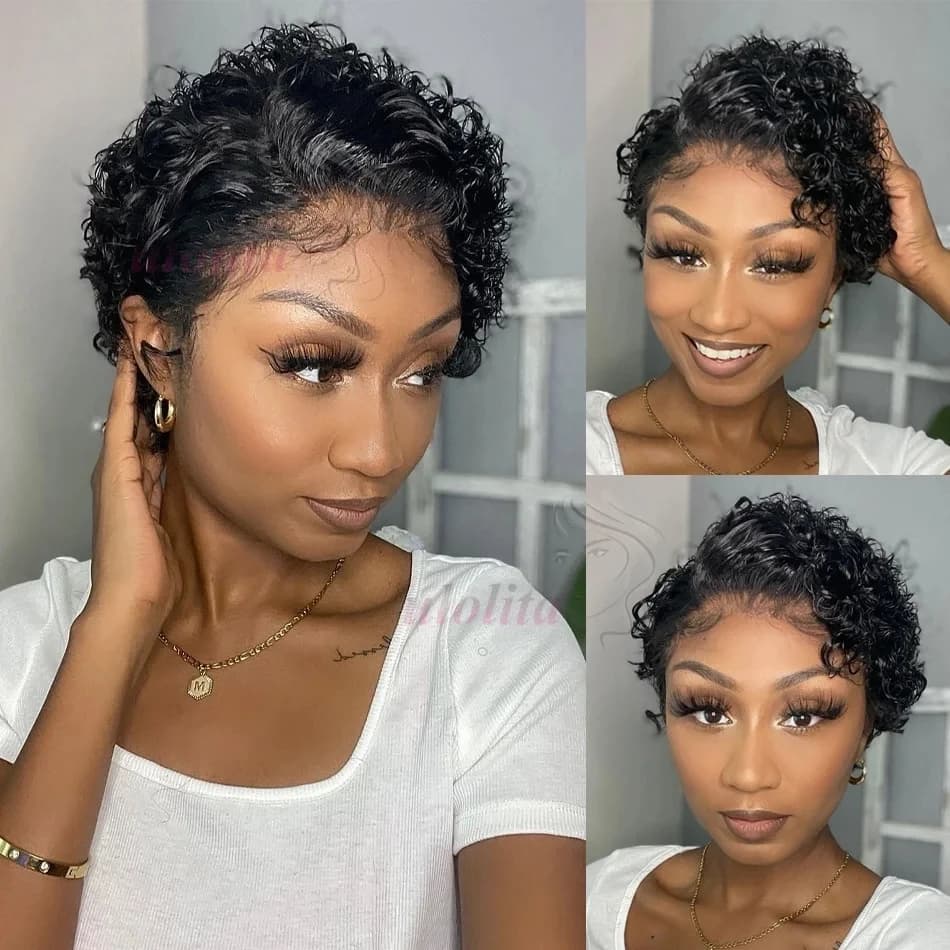 Perruque Lace Frontal Wig brésilienne bouclée, cheveux 100% naturels, coupe Pixie, 13x4, 13 × 1, Transparent, pour femmes noires