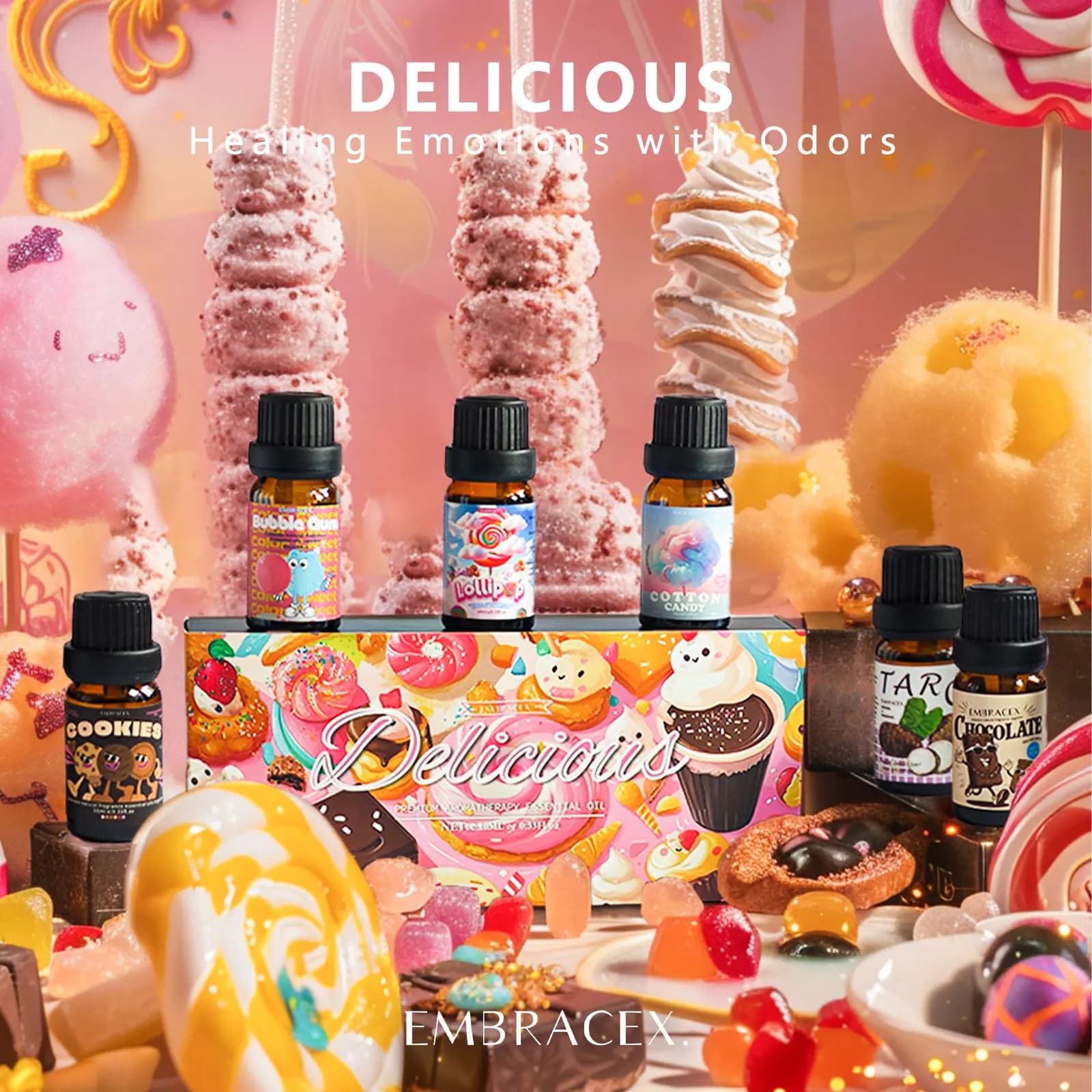 6PC/1PC 10ML Huiles Essentielles Délicieuses pour Soins de la Peau Femme, Parfums Chocolat, Biscuits, Sucette, Taro, Barbe à Papa, Chewing-gum, Cadeau Sucré