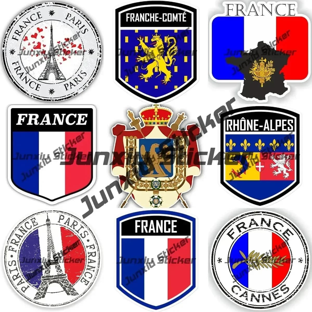 Tour Eiffel, Notre Dame Cathédrale Paris France Cannes Voyage Aventure Position mondiale Pays Autocollant Sceau rond Drapeau Emblème PVC