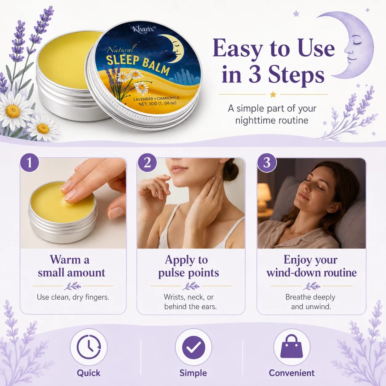 Baume de Nuit Apaisant 30g à la Lavande et à la Camomille – Arôme Relaxant, Doux pour la Peau, Format Voyage pour la Routine du Coucher
