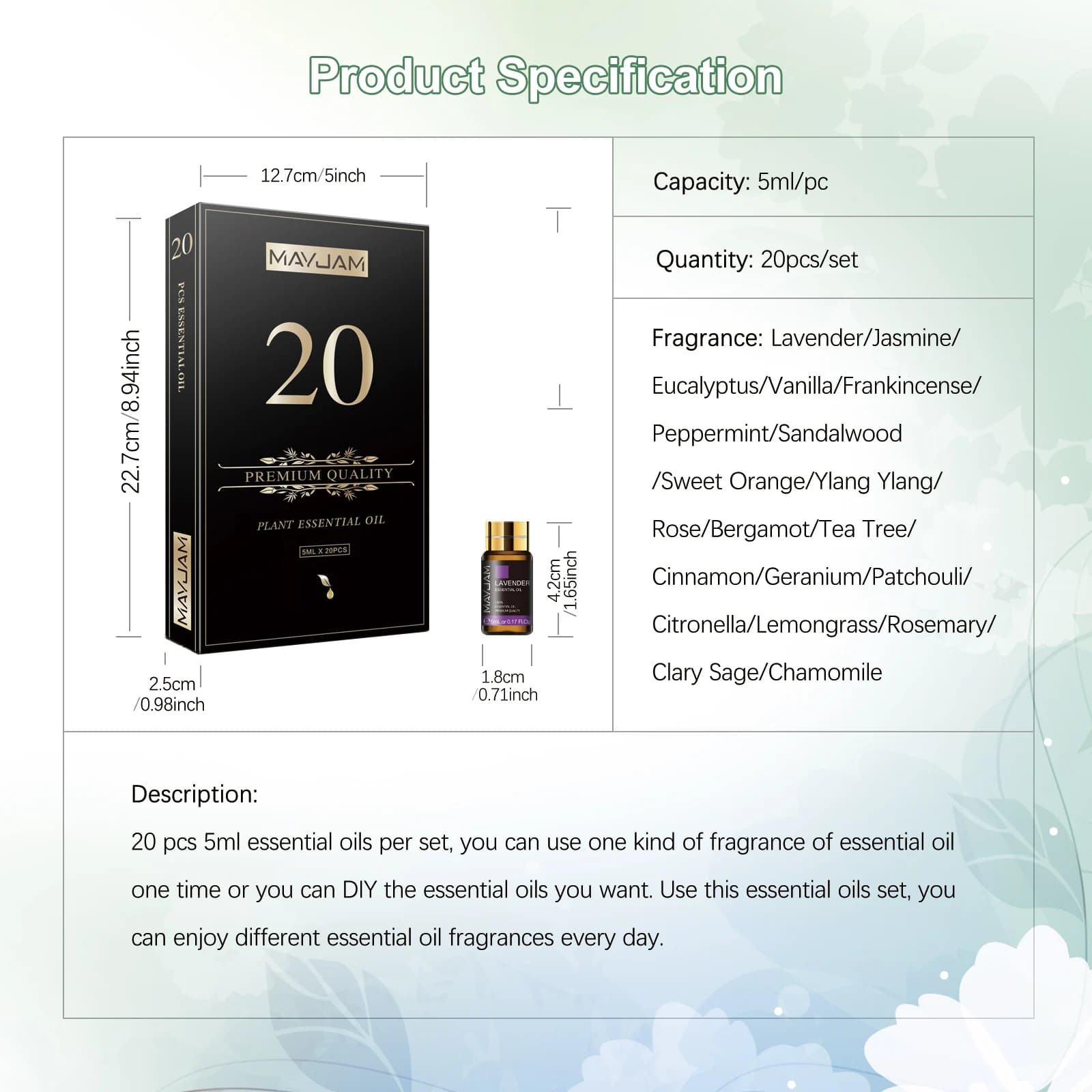20 pièces Kits boîte-cadeau huile essentielle pour diffuseur pur naturel extrait de plante encens vanille citron menthe jasmin huile d'arbre à thé