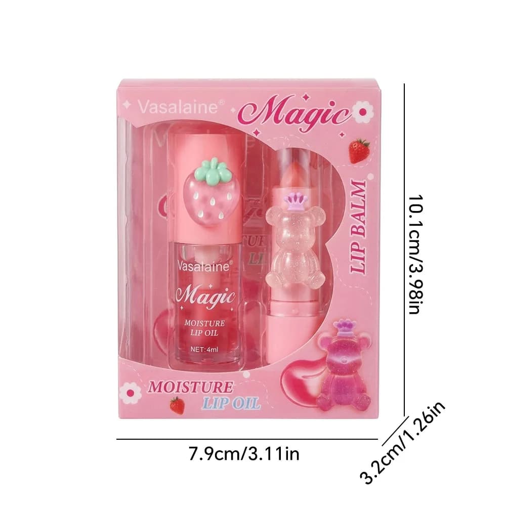 Ensemble d'huile et de baume à lèvres hydratants magiques, nourrissants, non collants, finition brillante, produits pour les lèvres mignons en forme d'ours et de fraise