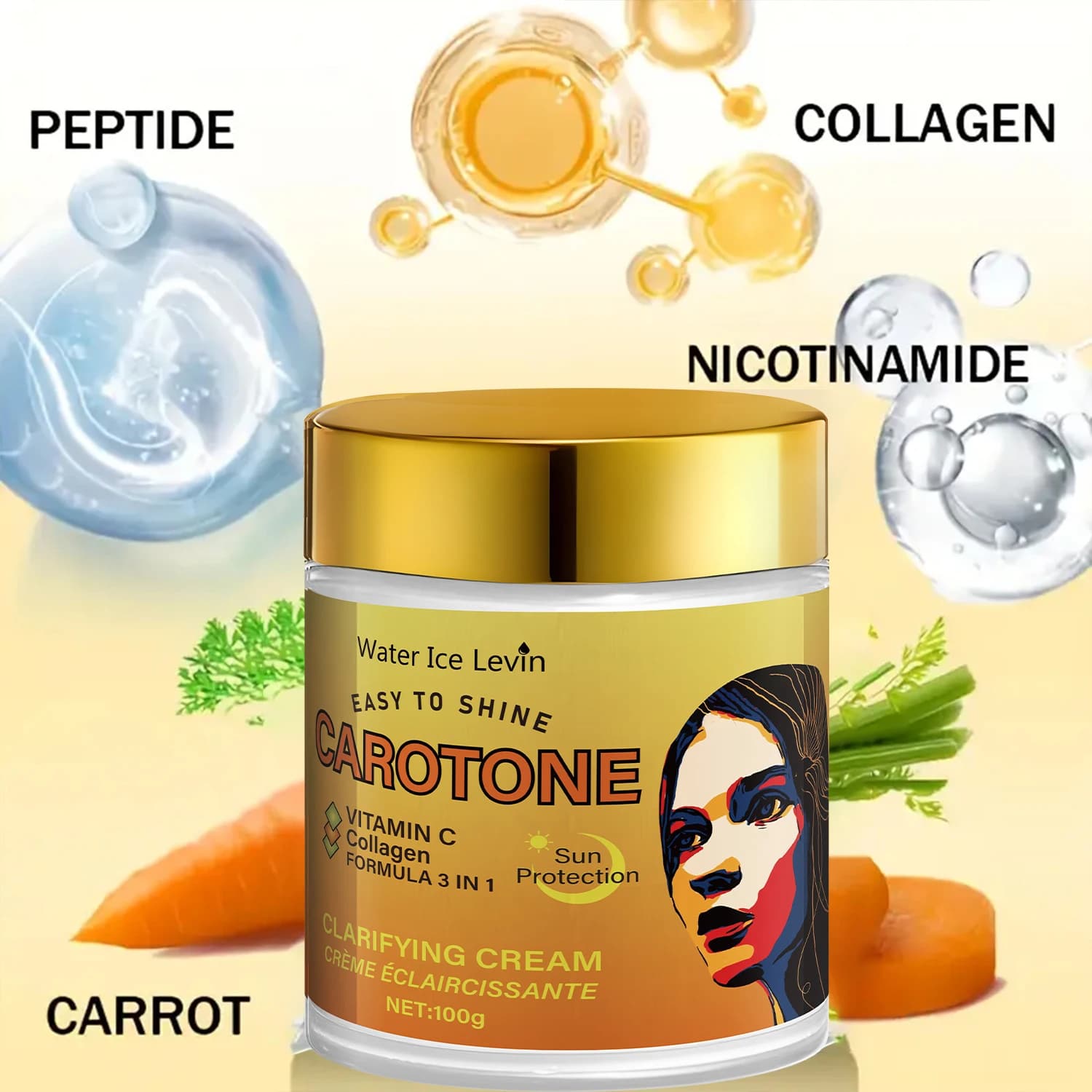Crème visage riche en bêta-carotène, éclaircissante et antioxydante, hydratante et hydratante en profondeur au collagène, texture légère et non grasse, adaptée aux peaux sensibles