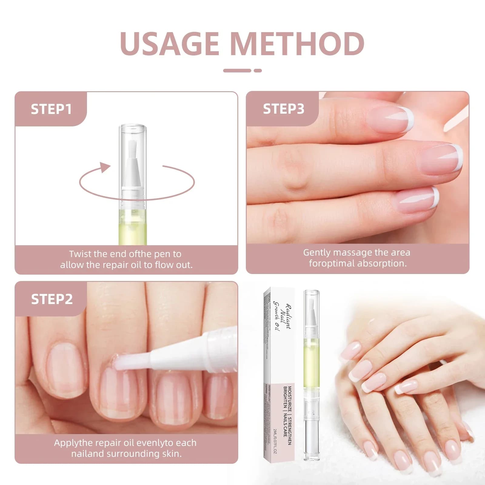 Stylo à huile pour la croissance des ongles, Solution de soin des ongles, pour hydrater, renforcer et éclaircir les ongles cassants, réparer les cuticules et réduire les ongles, 2ml