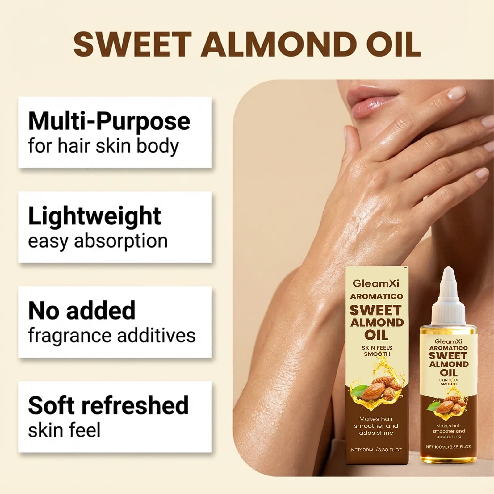 Huile Corporelle à l'Amande Réparatrice Anti-Dessèchement Anti-Peeling Raffermissante Éclaircissante Lissante Hydratante Longue Durée Parfumée Soin Cheveux et Corps