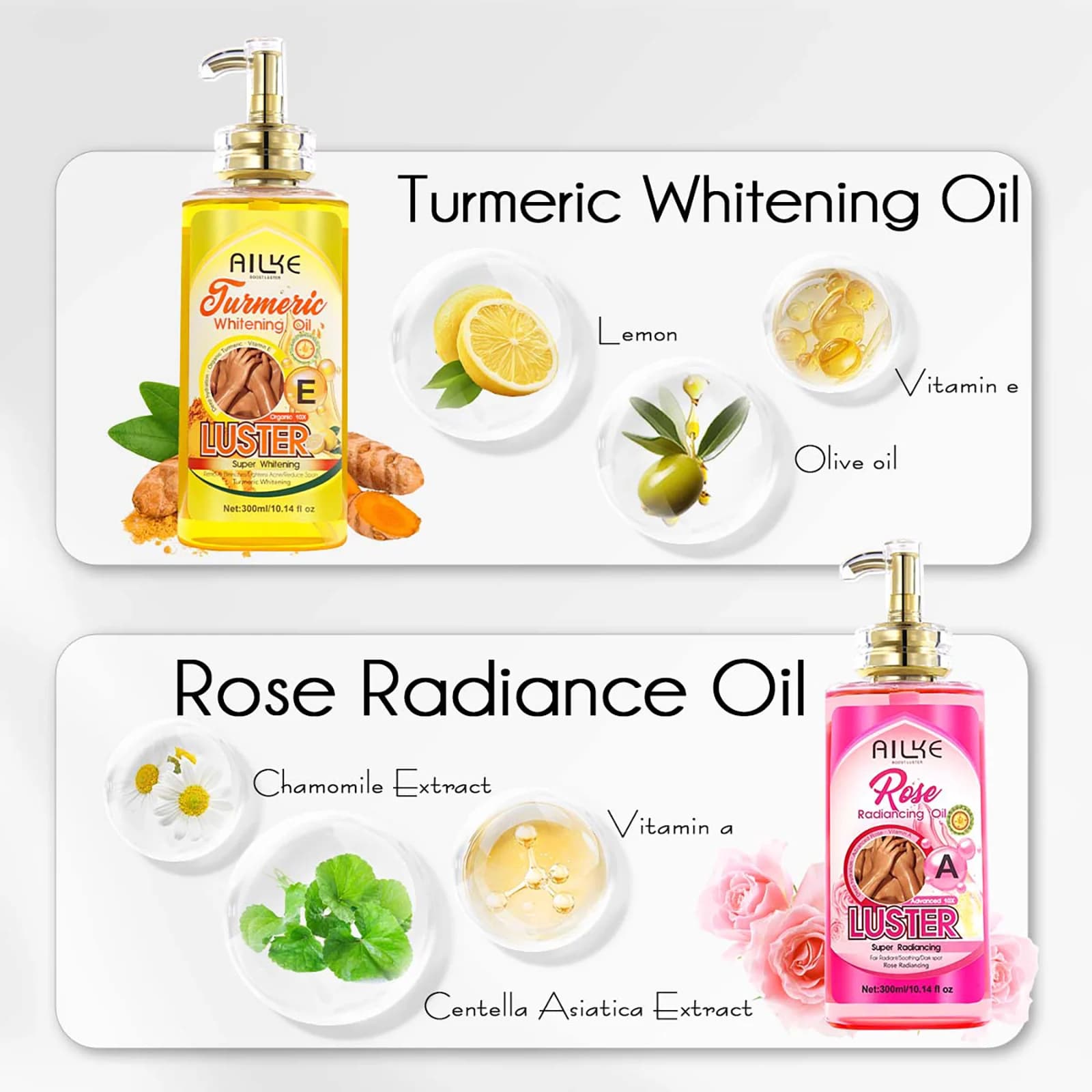 AILKE Huile corporelle blanchissante, hydratante, nourrissante, éclaircissante, peau lisse, réduit les taches foncées, pour tous les types de peau, 300 ml